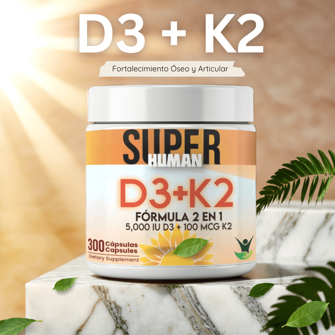 Vitamina D3 + K2 - Cápsulas de Fortalecimiento Óseo y Articular de 5000 IU D3 + 100 MCG K2 (300 Cápsulas) - SuperHuman™