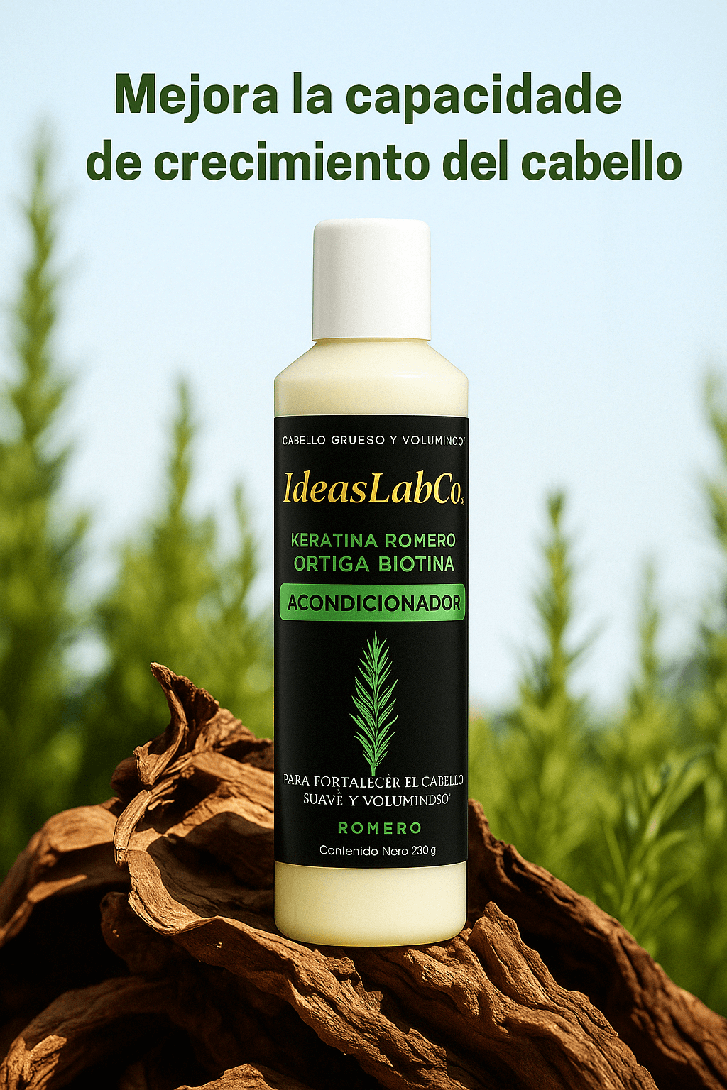 Acondicionador para Cabello Grueso y Voluminoso con Romero Keratina Ortiga y Biotina (220 gr.) - IdeasLabCo™