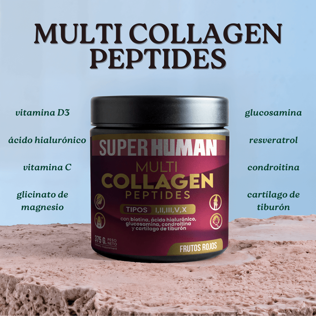 Multi Collagen Peptides™ - Colágeno Hidrolizado en Polvo Tipo I, II, III, V y X con Glucosamina, Biotina, Condroitina y Cartílago de Tiburón, para Piel, Articulaciones y Huesos, 100% Puro y Natural (375 g) - SuperHuman™