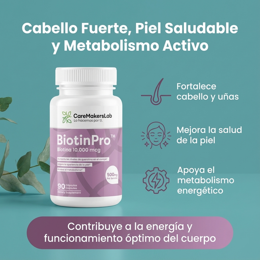 BiotinPro™ – Biotina Pura 10,000 mcg – Cabello Fuerte, Piel Saludable y Metabolismo Activo (90 cápsulas / 500 mg por servicio) CareMakersLab