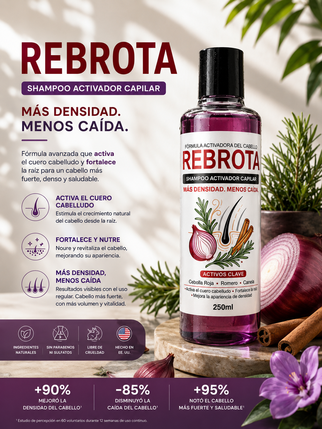Shampoo de Cebolla REBROTA – Fortalecimiento Capilar y Control de Caída con Romero y Canela