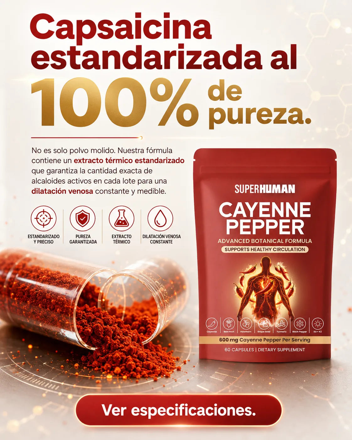 Cayenne Pepper – Suplemento Botánico para Circulación Saludable (60 Cápsulas) SuperHuman