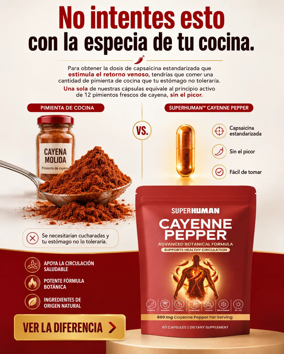 Cayenne Pepper – Suplemento Botánico para Circulación Saludable (60 Cápsulas) SuperHuman