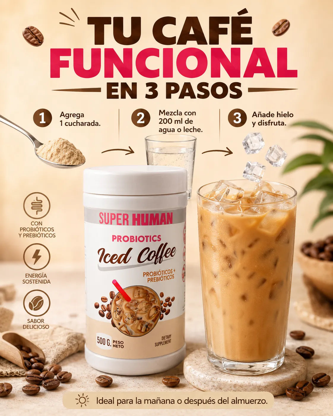 Iced Coffee – Café Funcional con Probióticos Activos y Prebióticos Naturales para Equilibrio Intestinal y Microbiota Saludable (500 g) – SuperHuman™