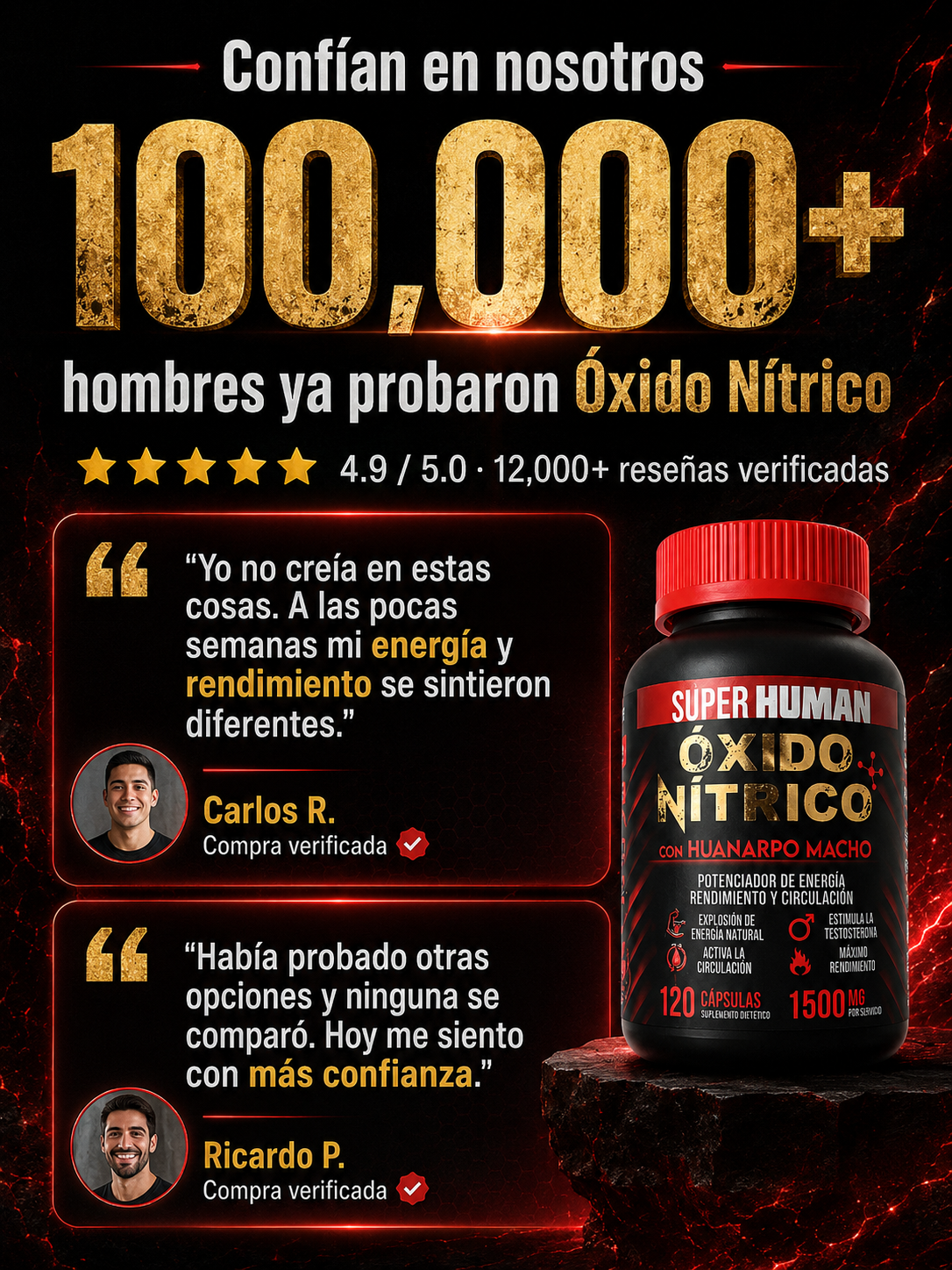 Óxido Nítrico™ – Cápsulas de Óxido Nítrico con Huanarpo para Energía, Potencia y Rendimiento , Fórmula Avanzada Natural (120 Cápsulas) – SuperHuman™