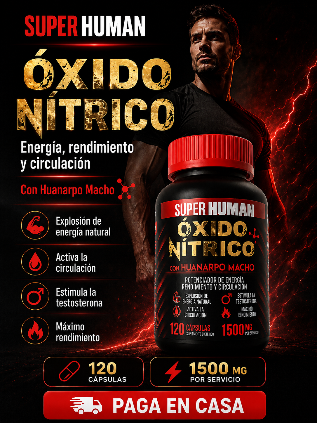 Óxido Nítrico™ – Cápsulas de Óxido Nítrico con Huanarpo para Energía, Potencia y Rendimiento , Fórmula Avanzada Natural (120 Cápsulas) – SuperHuman™