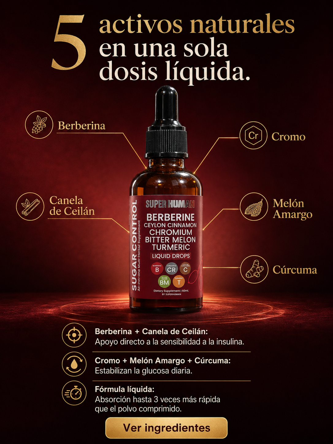 SUGAR CONTROL - Gotas Líquidas de Berberina y Cúrcuma (30 ml)