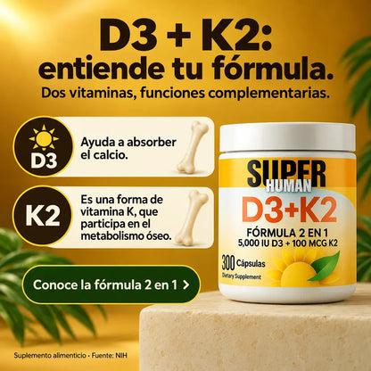 Vitamina D3 + K2 - Cápsulas de Fortalecimiento Óseo y Articular de 5000 IU D3 + 100 MCG K2 (300 Cápsulas) - SuperHuman™