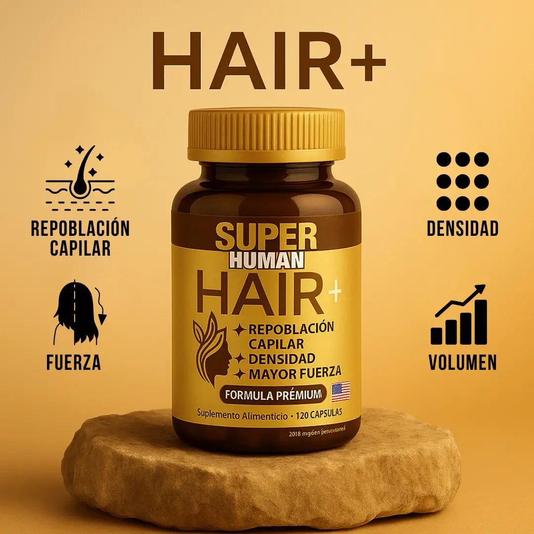 Hair+™ – Cápsulas para Crecimiento Capilar con Hierro Hemo, Biotina y Quercetina para Crecimiento, Densidad y Fuerza – Fórmula Avanzada Natural (120 Cápsulas) – SuperHuman™