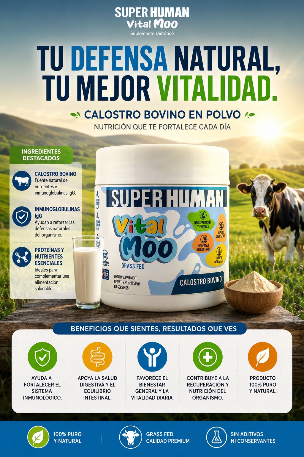 Vital Moo™ - Calostro Bovino en Polvo con 30% Inmunoglobulinas IgG, para un mejor Sistema Inmunológico y Salud Digestiva, 100% Puro y Natural (108 g) - SuperHuman™