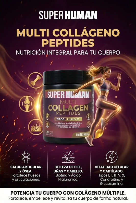 Multi Collagen Peptides™ - Colágeno Hidrolizado en Polvo Tipo I, II, III, V y X con Glucosamina, Biotina, Condroitina y Cartílago de Tiburón, para Piel, Articulaciones y Huesos, 100% Puro y Natural (375 g) - SuperHuman™