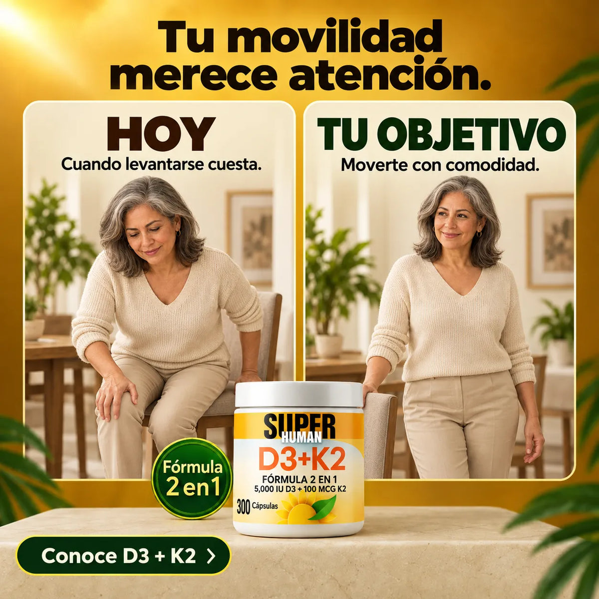 Vitamina D3 + K2 - Cápsulas de Fortalecimiento Óseo y Articular de 5000 IU D3 + 100 MCG K2 (300 Cápsulas) - SuperHuman™