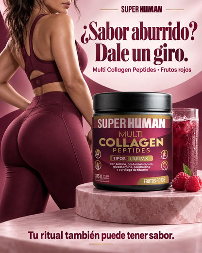 Multi Collagen Peptides™ - Colágeno Hidrolizado en Polvo Tipo I, II, III, V y X con Glucosamina, Biotina, Condroitina y Cartílago de Tiburón, para Piel, Articulaciones y Huesos, 100% Puro y Natural (375 g) - SuperHuman™