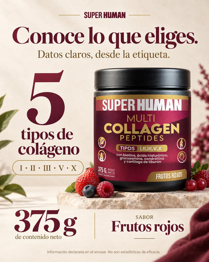 Multi Collagen Peptides™ - Colágeno Hidrolizado en Polvo Tipo I, II, III, V y X con Glucosamina, Biotina, Condroitina y Cartílago de Tiburón, para Piel, Articulaciones y Huesos, 100% Puro y Natural (375 g) - SuperHuman™