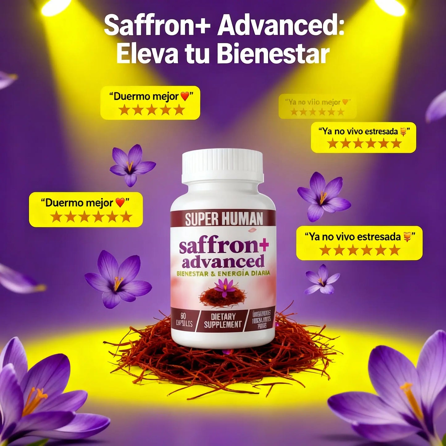Saffron+ Advanced – Cápsulas Naturales para Elevar el Ánimo y Reducir el Estrés (Frasco 60 cápsulas) – SuperHuman™