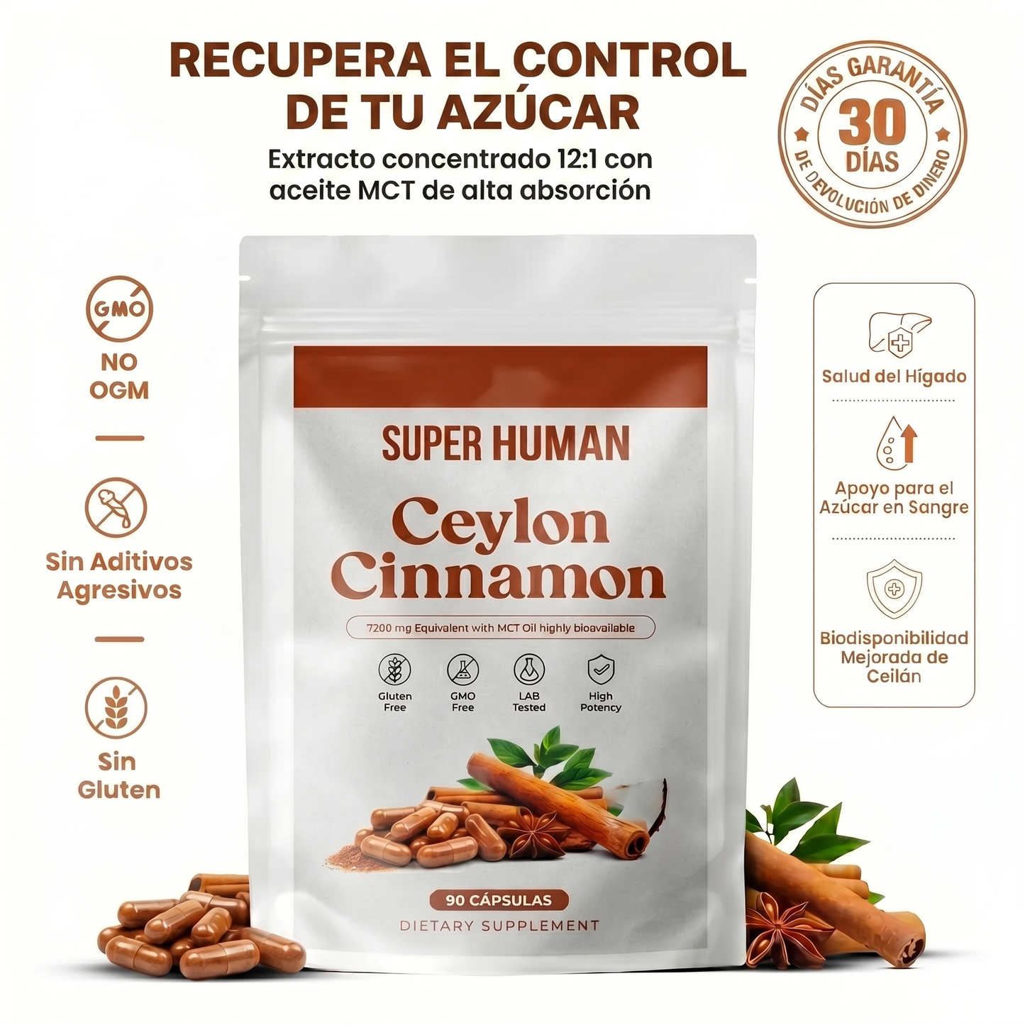 Ceylon Cinnamon 7200mg con MCT - Control Natural del Azúcar en Sangre (90 cápsulas)