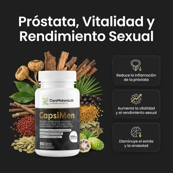 CapsiMen™ – Cápsulas Naturales para la Salud Masculina con Extractos de Plantas y Minerales – Próstata, Vitalidad y Rendimiento Sexual (90 cápsulas / 500 mg por servicio) CareMakersLab