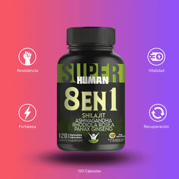 8 en 1 Ultra Cápsulas - Shilajit Ashwagandha Rhodiola Rosea Panax y Ginseng (120 Cápsulas) SuperHuman™