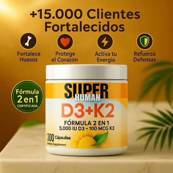 Vitamina D3 + K2 - Cápsulas de Fortalecimiento Óseo y Articular de 5000 IU D3 + 100 MCG K2 (300 Cápsulas) - SuperHuman™