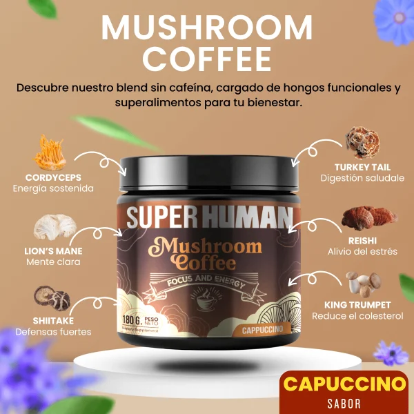 Mushroom Coffee - Café Instantáneo con 6 Hongos Funcionales Súper Alimentos (180 Gramos / 30 Porciones) - SuperHuman™, imagen 2