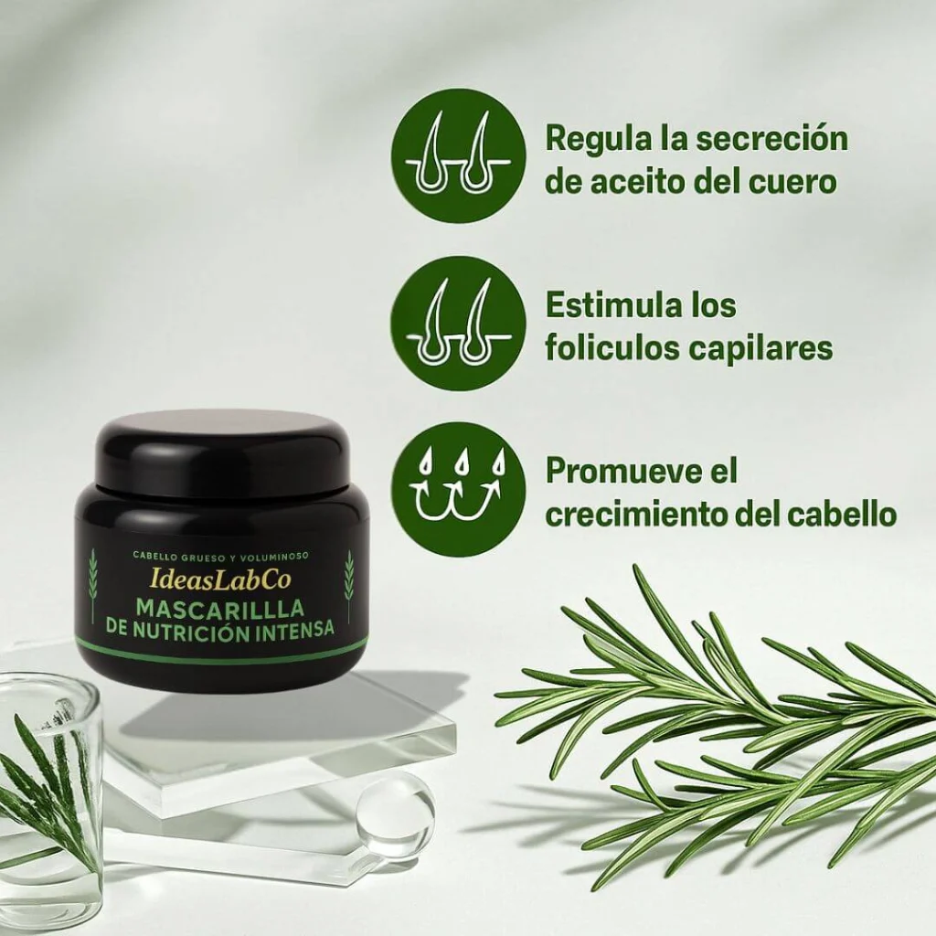 Descubre el poder de un cabello nutrido y lleno de vida con IdeasLabCo. – Mascarilla de Nutrición Intensa para Cabello Grueso y Voluminoso con Romero Keratina Ortiga y Biotina (250 gr.)
