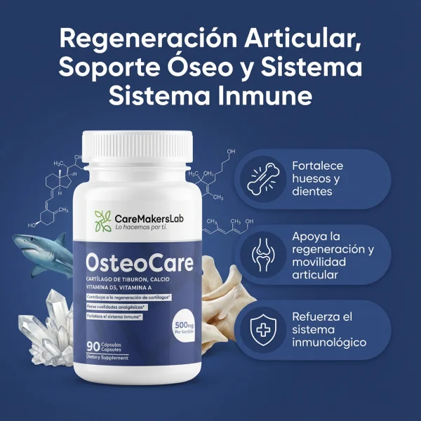 OsteoCare™ – Cápsulas con Cartílago de Tiburón, Calcio, Vitamina D3 y Vitamina A – Regeneración Articular, Soporte Óseo y Sistema Inmune (90 cápsulas / 500 mg por servicio) CareMakersLab