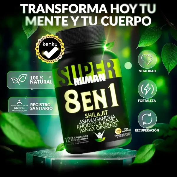 8 en 1 Ultra - Cápsulas de Shilajit Ashwagandha Rhodiola Rosea Panax y Ginseng (120 Cápsulas) SuperHuman™ PG