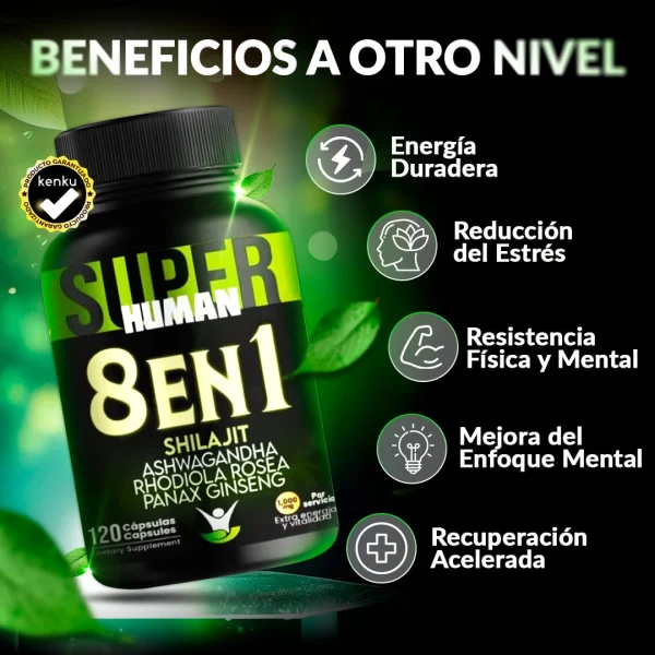 8 en 1 Ultra - Cápsulas de Shilajit Ashwagandha Rhodiola Rosea Panax y Ginseng (120 Cápsulas) SuperHuman™ PG, imagen 3